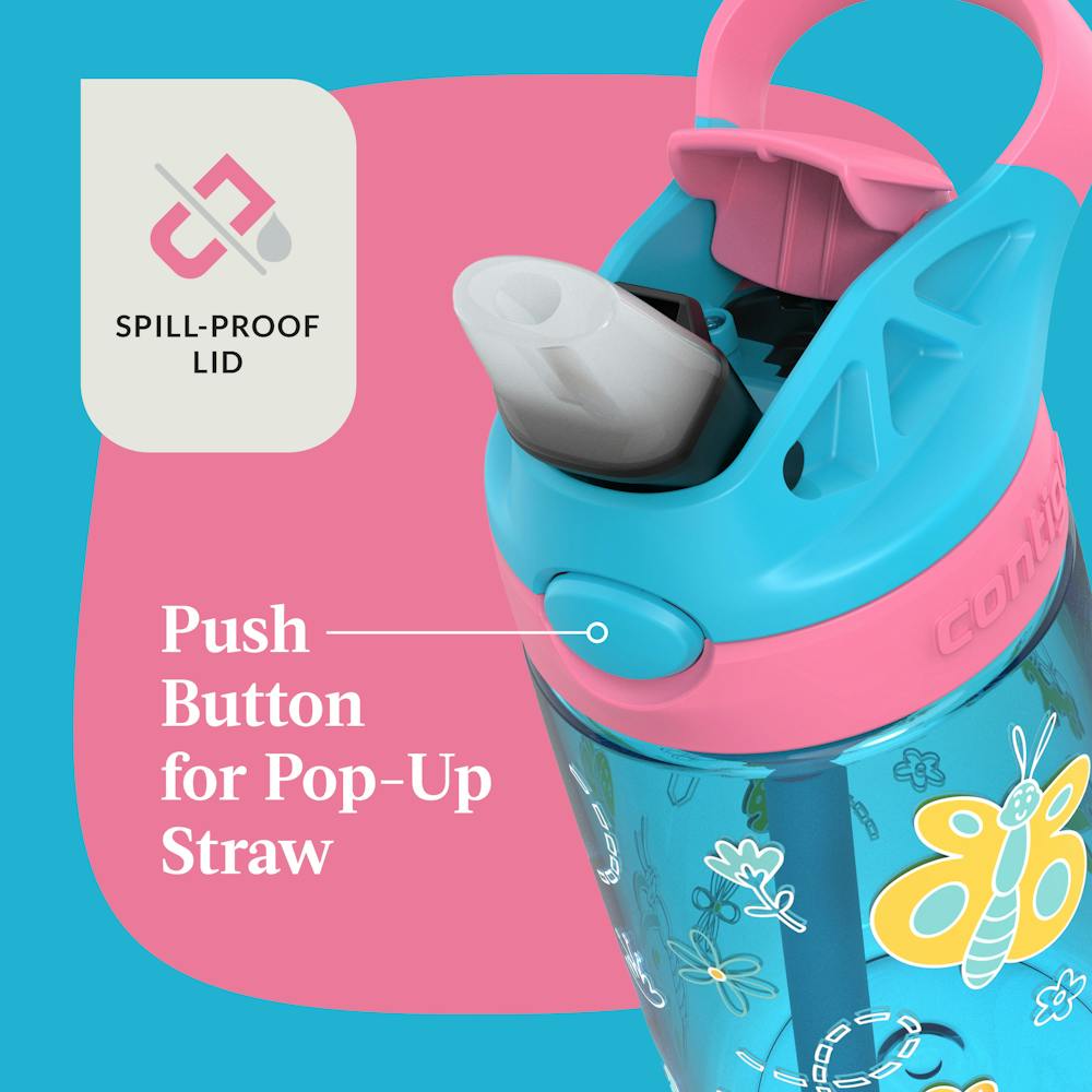 Contigo® Kids Water Bottle with Redesigned AUTOSPOUT® Straw, 14 oz, 2 pack - Blue Raspberry with Butterflies and Honeybees