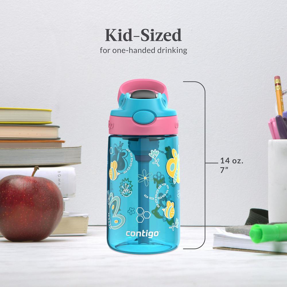 Contigo® Kids Water Bottle with Redesigned AUTOSPOUT® Straw, 14 oz, 2 pack - Blue Raspberry with Butterflies and Honeybees
