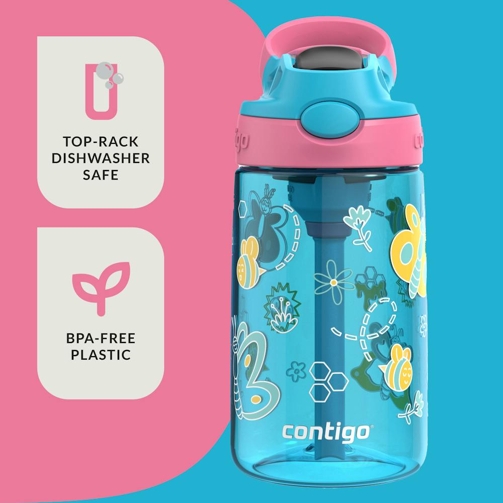 Contigo® Kids Water Bottle with Redesigned AUTOSPOUT® Straw, 14 oz, 2 pack - Blue Raspberry with Butterflies and Honeybees